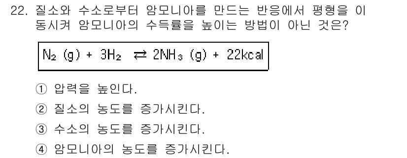 화학분석기사(구) 2018년 22번 - 암모니아의 생산 반응에서 평형을 이동시키려면 반응물의 농도를 증가시키거나... 에 관한 핵심 기출문제