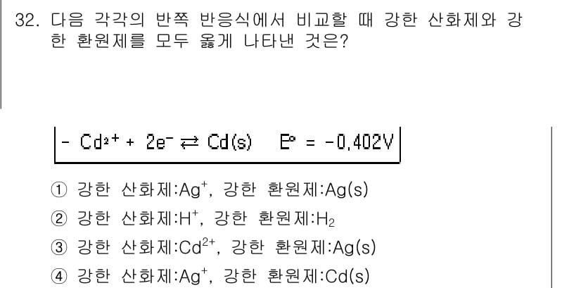 화학분석기사(구) 2018년 32번 - 주어진 전극 반응에서 Cd가 산화제로 작용하고, Ag가 환원제로 사용될 ... 에 관한 핵심 기출문제