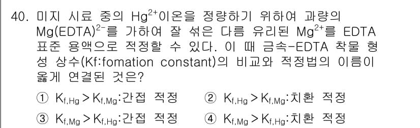 화학분석기사 2018년 40번 - 정답 '2'는 Kf,Hg가 Kf,Mg보다 크다는 것을 나타내며, 이는 H... 에 관한 핵심 기출문제