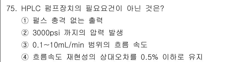화학분석기사 2018년 75번 - HPLC 펌프장치의 필수 요건에서 '1. 필스 충격 없는 출력'은 중요하... 에 관한 핵심 기출문제