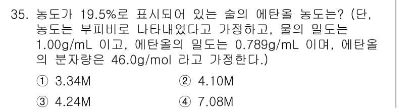 화학분석기사(구) 2019년 35번 - 에탄올의 농도를 구하기 위해 먼저 19.5%의 농도를 부피로 계산한 후,... 에 관한 핵심 기출문제
