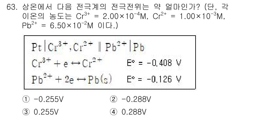 화학분석기사(구) 2019년 63번 - 전극전위 계산을 위해 Nernst 방정식을 사용해야 합니다. 주어진 농도... 에 관한 핵심 기출문제