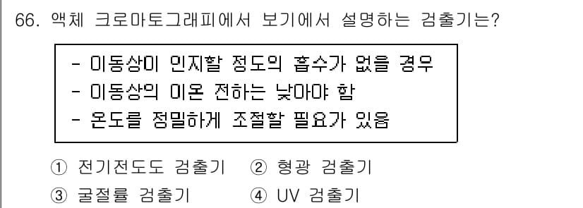 화학분석기사(구) 2019년 66번 - 주어진 설명은 액체 크로마토그래피에서 액체의 이동상과 관련된 특성을 강조... 에 관한 핵심 기출문제
