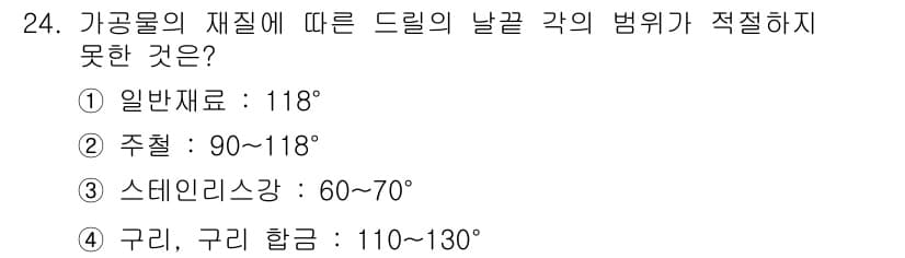 기계가공기능장 2015년 24번 - 드릴의 날끝 각도는 가공물의 재질에 따라 적절한 값이 설정되어야 합니다.... 에 관한 핵심 기출문제