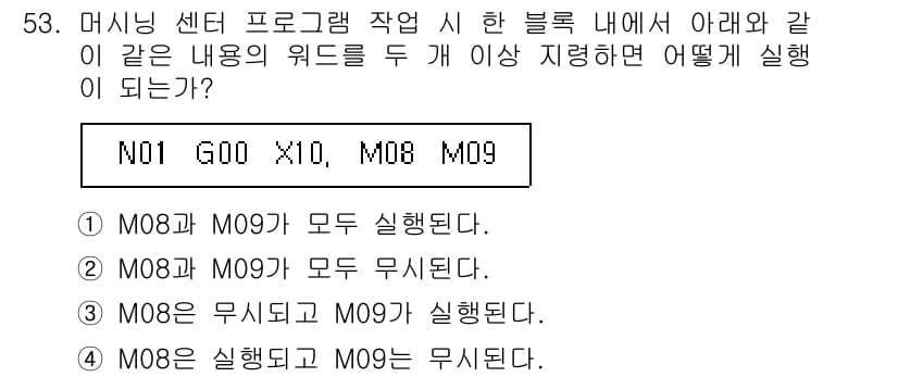 기계가공기능장 2015년 53번 - M08과 M09 명령어는 서로 반대되는 기능을 수행합니다. M08은 냉각... 에 관한 핵심 기출문제