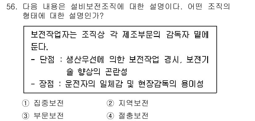 기계가공기능장 2016년 56번 - 설비보전조직은 각 제조부문의 감독자 간의 협력과 유기적인 관계를 강조합니... 에 관한 핵심 기출문제