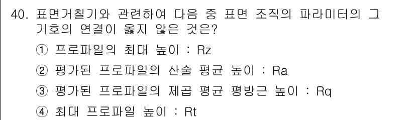 기계가공기능장 2018년 40번 - 문제에서 언급된 표면 거칠기 관련 파라미터는 각각 특정한 정의를 가지며 ... 에 관한 핵심 기출문제