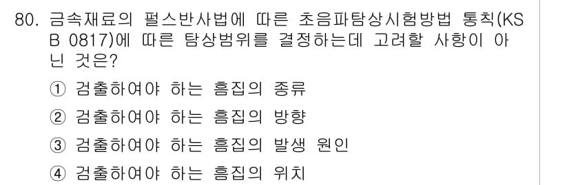 초음파비파괴검사기사(구) 2020년 80번 - 초음파 탐상법에서 탐상 범위를 결정할 때는 주로 결함의 종류, 방향, 발... 에 관한 핵심 기출문제