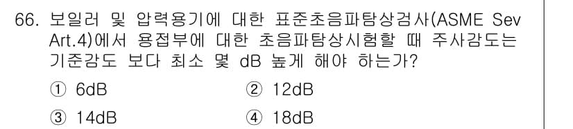 초음파비파괴검사기사 2020년 66번 - 초음파탐상검사의 주사감도는 ASME 규정에 따라 최소한의 기준감도보다 일... 에 관한 핵심 기출문제
