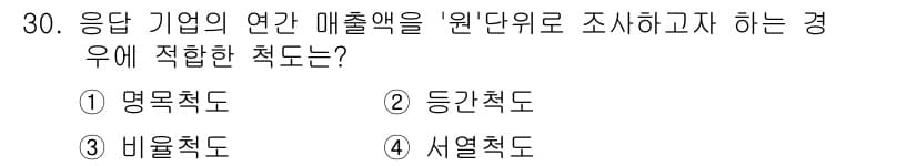 텔레마케팅관리사 2020년 30번 - 이 문제에서 연간 매출액을 '원단위'로 조사할 때 적합한 척도는 비율척도... 에 관한 핵심 기출문제
