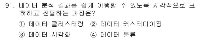 텔레마케팅관리사 2020년 91번 - 정답인 '데이터 시각화'는 데이터 분석 결과를 그래프, 차트 등 시각적 ... 에 관한 핵심 기출문제