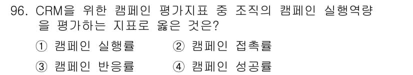 텔레마케팅관리사 2020년 96번 - 캠페인 실행률은 CRM 캠페인의 실행 정도를 비율로 나타내며, 캠페인이 ... 에 관한 핵심 기출문제