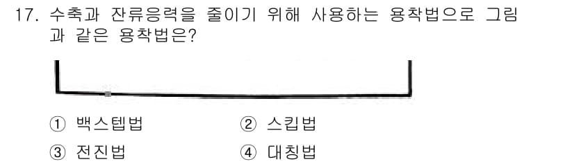 침투비파괴검사산업기사(구) 2020년 17번 - 대칭법은 수축과 잔류응력을 줄이기 위한 방법으로, 구조물의 대칭성을 활용... 에 관한 핵심 기출문제