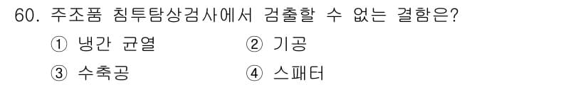 침투비파괴검사산업기사(구) 2020년 60번 - 주조품 침투탐상검사에서 검출할 수 없는 결함은 '스패터'입니다. 스패터는... 에 관한 핵심 기출문제