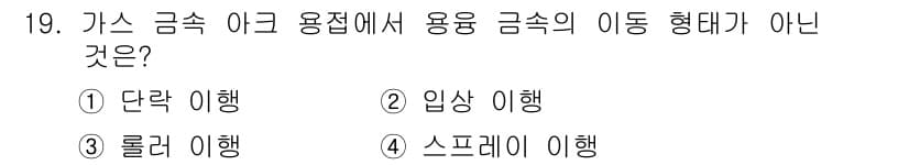 방사선비파괴검사기사(구) 2020년 19번 - 가스 금속 아크 용접에서 용융 금속의 이동 형태는 일반적으로 단락, 입상... 에 관한 핵심 기출문제
