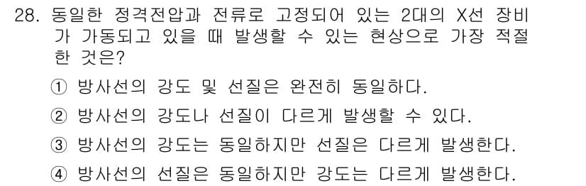 방사선비파괴검사기사 2020년 28번 - 주어진 문제에서 '방사선의 강도나 선질이 다르게 발생할 수 있다'는 것이... 에 관한 핵심 기출문제