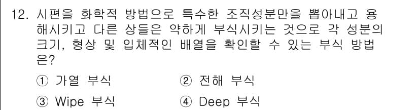금속재료기능장 2016년 12번 - 주어진 문제는 특정 성분의 부식을 확인하는 방법에 대한 것입니다. 'De... 에 관한 핵심 기출문제