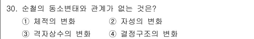 금속재료기능장 2016년 30번 - 순철의 동소변태는 주로 온도와 압력의 변화에 따른 체적 변화와 관련이 있... 에 관한 핵심 기출문제