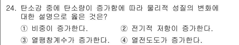 금속재료기능장 2017년 24번 - 탄소강에서 탄소량이 증가하면, 전기적 저항이 증가하는 현상이 나타납니다.... 에 관한 핵심 기출문제