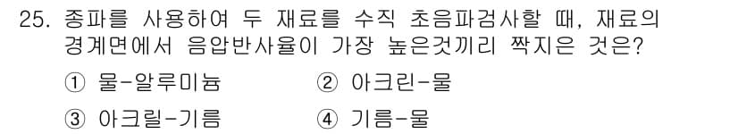 초음파비파괴검사산업기사 2020년 25번 - 정답인 '1'번, 즉 '물-알루미늄' 조합은 초음파의 전파 속도 차이가 ... 에 관한 핵심 기출문제