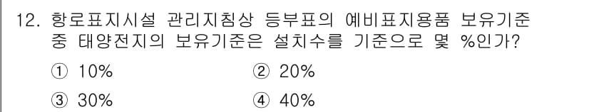 항로표지기사 2017년 12번 - 예비표지용품의 보유기준 중 태양전지의 기준은 설치수로 20%입니다. 이는... 에 관한 핵심 기출문제