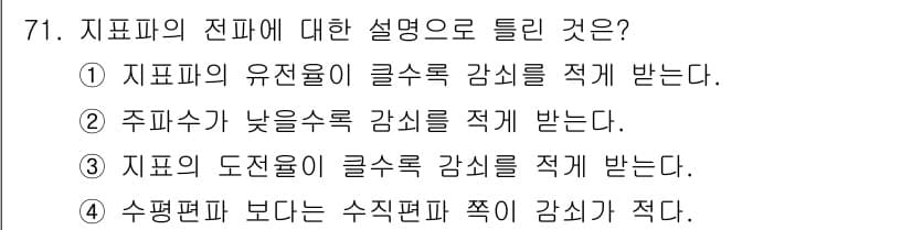 항로표지기사 2017년 71번 - 지표파의 전파에 관한 설명 중에서, '지표파의 유전율이 클수록 감쇠를 적... 에 관한 핵심 기출문제