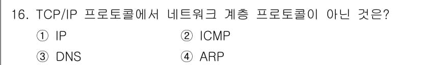 멀티미디어콘텐츠제작전문가(구) 2019년 16번 - 정답 '3'은 DNS입니다. TCP/IP 프로토콜 스택에서 네트워크 계층... 에 관한 핵심 기출문제