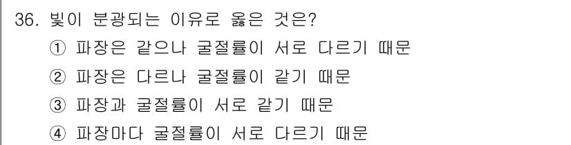 멀티미디어콘텐츠제작전문가(구) 2019년 36번 - 빛이 분광되는 이유는 파장마다 굴절률이 다르기 때문입니다. 이는 빛이 서... 에 관한 핵심 기출문제