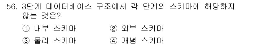 멀티미디어콘텐츠제작전문가(구) 2019년 56번 - 3단계 데이터베이스 구조는 개념적으로 내부, 외부, 그리고 외적 스키마로... 에 관한 핵심 기출문제