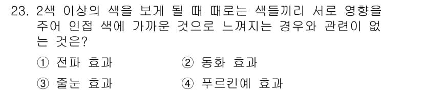 멀티미디어콘텐츠제작전문가 2019년 23번 - 이 문제에서 '푸르킨에 효과'는 색상이 서로 영향을 미치지 않고, 색상이... 에 관한 핵심 기출문제