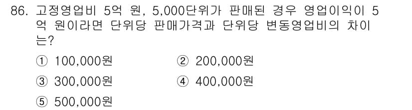 가맹거래사 2015년 86번 - 영업이익이 5억 원이고, 5,000단위가 판매된 경우 단위당 영업이익은 ... 에 관한 핵심 기출문제