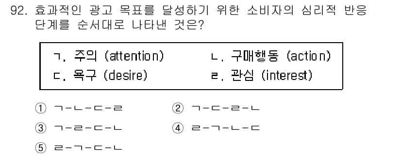가맹거래사 2015년 92번 - 이 문제는 소비자의 심리적 반응 단계를 순서대로 나열하는 것입니다. 효과... 에 관한 핵심 기출문제