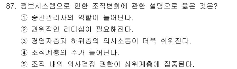 가맹거래사 2016년 87번 - 정보시스템의 도입은 조직의 의사소통과 협업을 높여줍니다. 이에 따라 경영... 에 관한 핵심 기출문제