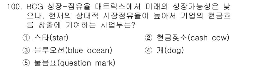 가맹거래사 2017년 100번 - BCG 매트릭스에서 '현금젓소(cash cow)'는 현재의 시장 점유율이... 에 관한 핵심 기출문제