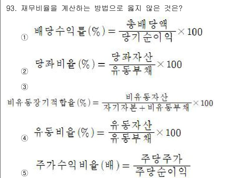 가맹거래사 2018년 93번 - 주어진 문제에서 '재무비율'을 계산하는 방법으로 잘못된 항목을 찾는 것이... 에 관한 핵심 기출문제
