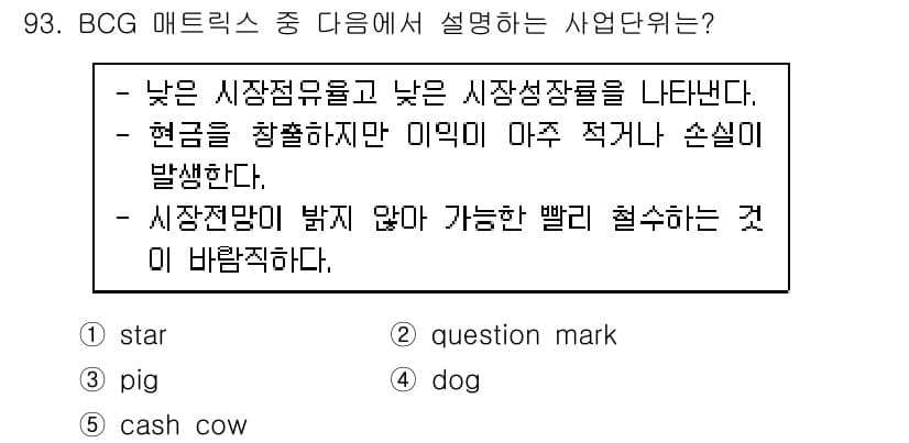 가맹거래사 2020년 93번 - BCG 매트릭스에서 'dog' 사업단위는 낮은 시장 점유율과 낮은 시장 ... 에 관한 핵심 기출문제