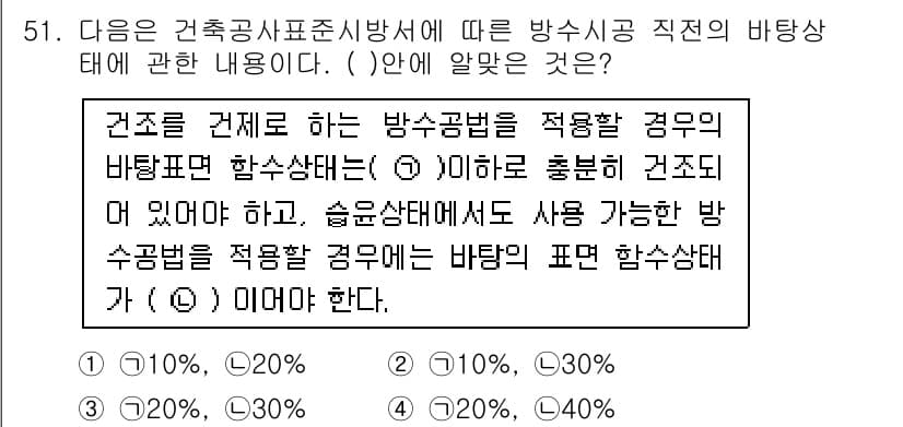 방수산업기사 2016년 51번 - 방수공법을 적용할 경우, 바탕면 합수상태는 20% 이하로 유지되어야 합니... 에 관한 핵심 기출문제