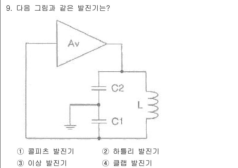 정보통신산업기사 2020년 9번 - 주어진 회로는 콜피츠 발진기입니다. 콜피츠 발진기는 두 개의 커패시터(C... 에 관한 핵심 기출문제
