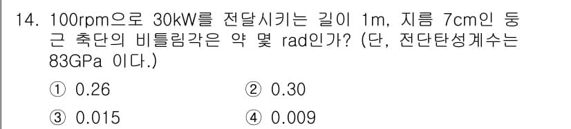 건설기계설비기사 2020년 14번 - 주어진 문제에서 비틀림각을 구하기 위해서는 먼저 전달하는 토크를 계산해야... 에 관한 핵심 기출문제