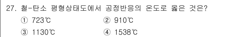 금속재료기사 2020년 27번 - 정답은 3번 1130°C입니다. 철-탄소 평형상태도에서 공정 반응은 주로... 에 관한 핵심 기출문제