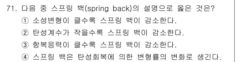 금속재료기사 2020년 71번 - 정답 4번은 스프링 백이 탄성 회복에 의해 발생하는 현상임을 설명합니다.... 에 관한 핵심 기출문제