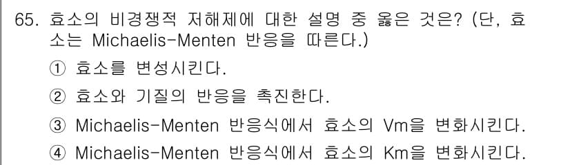 바이오화학제품제조기사 2020년 65번 - Michaelis-Menten 반응에서 Vm(최대 반응 속도)은 효소의 ... 에 관한 핵심 기출문제