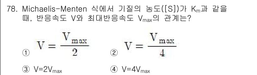 바이오화학제품제조기사 2020년 78번 - Michaelis-Menten 식에서 기질 농도 \([S] = K_m\)... 에 관한 핵심 기출문제