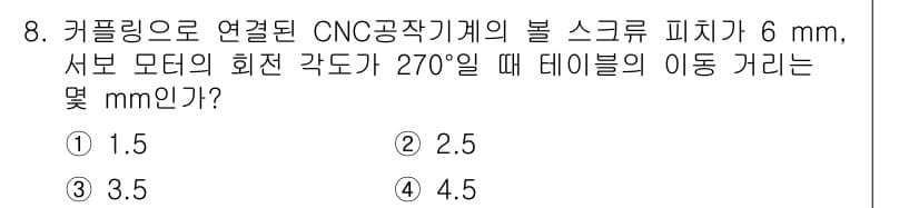 용접기사 2020년 8번 - 볼 스크류 피치가 6 mm이고, 서보 모터의 회전 각도가 270°일 때,... 에 관한 핵심 기출문제