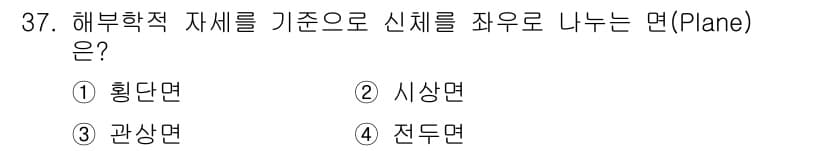 인간공학기사 2020년 37번 - 해부학적 자세를 기준으로 신체를 좌우로 나누는 면은 '시상면'입니다. 시... 에 관한 핵심 기출문제