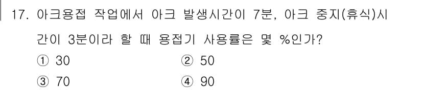 자기비파괴검사기사(구) 2020년 17번 - 아크 발생 시간이 7분이고, 아크 중지는 3분입니다. 아크가 발생하는 비... 에 관한 핵심 기출문제