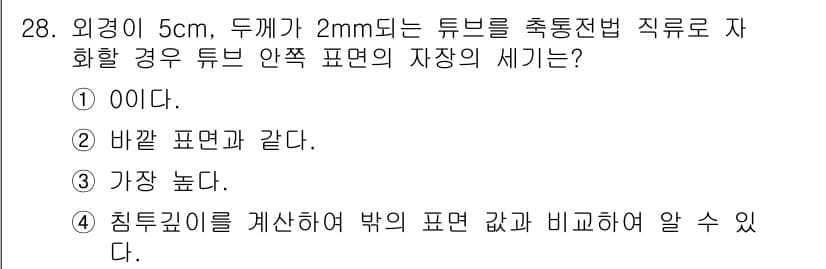 자기비파괴검사기사 2020년 28번 - 주어진 문제에서 외경이 5cm이고 두께가 2mm인 튜브의 경우, 자성의 ... 에 관한 핵심 기출문제