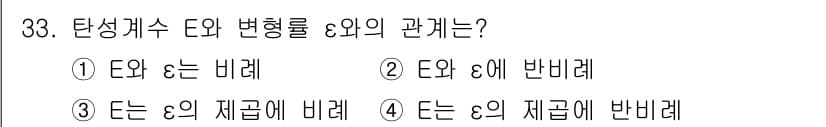 전기철도기사 2020년 33번 - 탄성계수 \( E \)와 변형률 \( \epsilon \)의 관계는 비례... 에 관한 핵심 기출문제