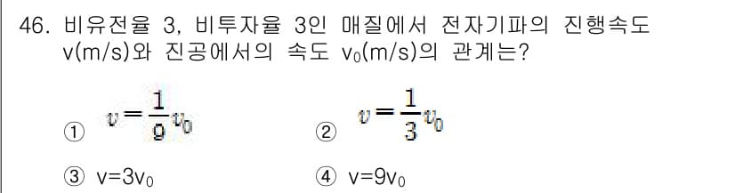 전기철도기사 2020년 46번 - 주어진 조건에서 비유전율이 3이고, 비투자율이 3인 매질에서 전자파의 전... 에 관한 핵심 기출문제