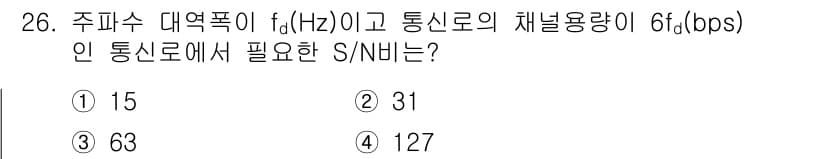 컴퓨터시스템기사(A형) 2020년 26번 - 주파수 대역폭 \( f_d \)에 대해 통신로의 채널 용량이 \( 6f_... 에 관한 핵심 기출문제